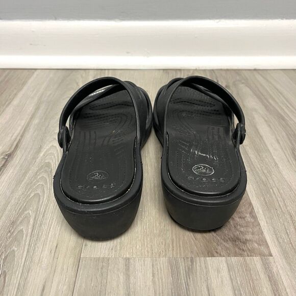 Crocs Sandals Women’s 9 Patricia Black Slip On Slide Strappy Low Wedge - Picture 3 of 7